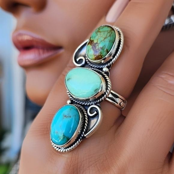 Native American Jewelry - Triple Stone Sterling Silver Native American Turquoise Long Ring Sz 9.5